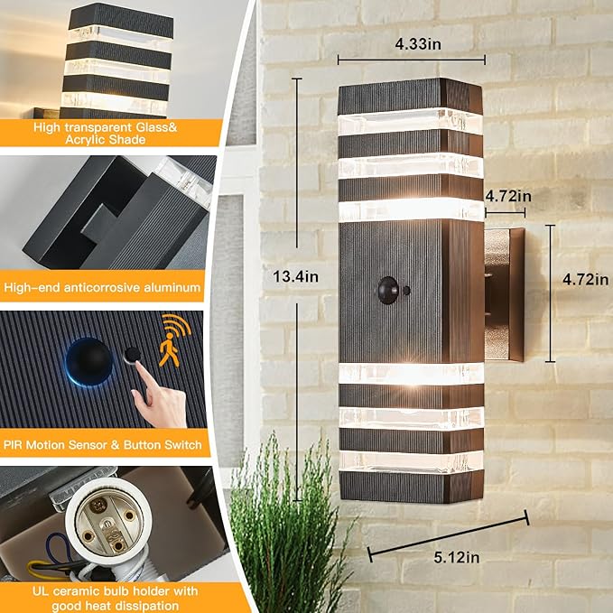 Delicavy Motion Sensor Outdoor Wall Light Fixture Up Down Porch Lights Modern Dusk to Dawn Exterior Sconce Wall Mount Outside Coach Lantern for House Front Door Garage (Include 2 Free Dimmable Bulbs)