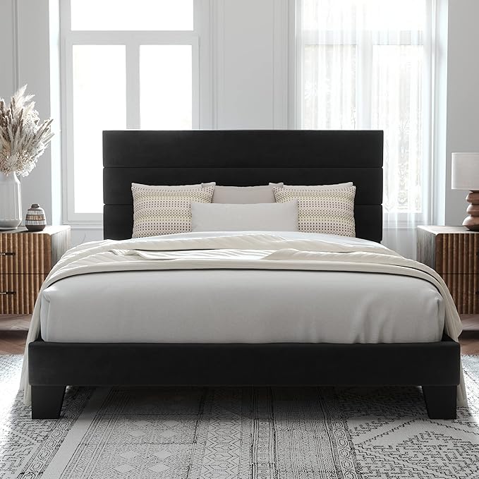 Allewie Full Size Platform Bed Frame with Velvet Upholstered Headboard and Wooden Slats Support, Fully Upholstered Mattress Foundation/No Box Spring Needed/Easy Assembly, Black