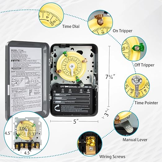 T104 Electromechanical Timer Switch for Lights, Fans, HVAC, 208-277 VAC 40A DPST, 5HP, 12 ON/Off Cycles, Tripper Included – Heavy Duty Pool Timer