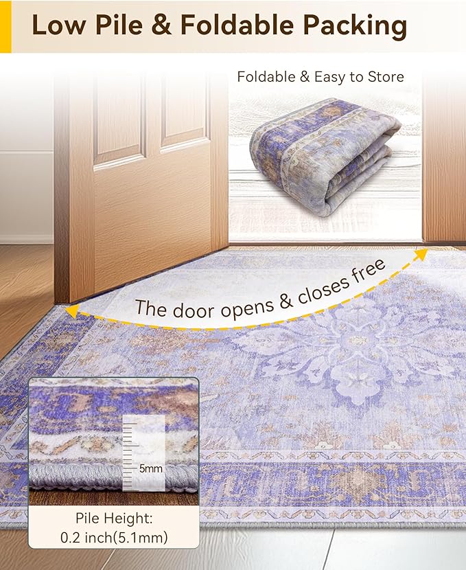 Area Rugs 2'x10' Washable Non-Slip, Floral Vintage Distress Print Pattern Medallion Carpet for Living Room Bedroom Dining Room, Light Purple Brown
