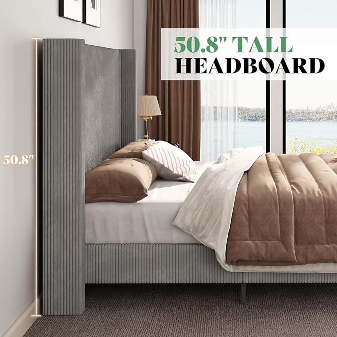 AMERLIFE California King Size Upholstered Bed Frame with 50.8" Tall Headboard, Wingback Platform Bed with Solid Wood Legs, Wooden Slats, Corduroy/No Box Spring Needed/Noise Free/Greige