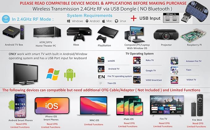 Wireless Mini Keyboard Remote Control Touchpad Mouse Combo Controller with RGB Backlit for Android TV Box Smart TV with OS+USB PC Computer Laptop Window OS HTPC Home Theater PC + USB 2.4GHz Dongle
