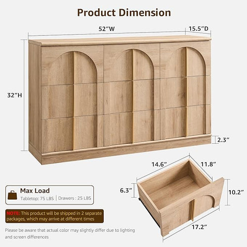 ACCOHOHO Arched Dresser for Bedroom with 9 Drawers, 52" Wide Modern Chest of Drawers with Rounded Edge & Metal Handles, Wood Storage Closet Dressers TV Stand for Living Room, Hallway, Natural Oak