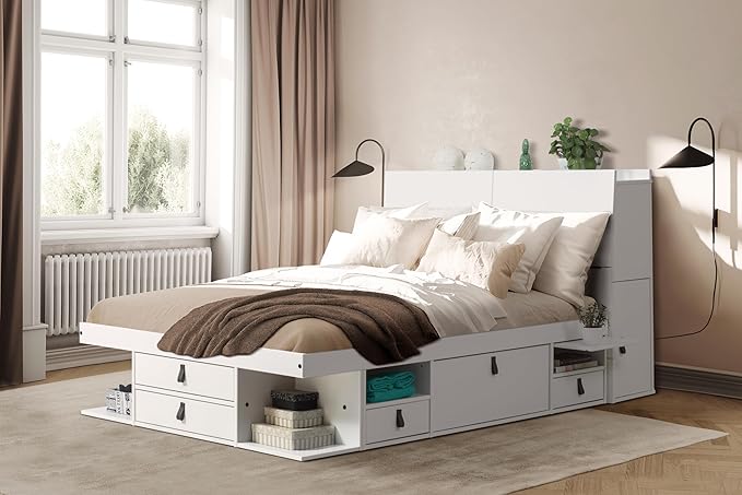memomad Bali Set: Storage Platform Bed with Drawers + Bookcase Headboard (Full Size, White Wood)