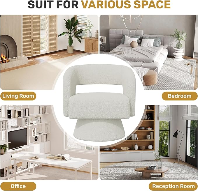Swivel Accent Chair, Modern Comfy Teddy Barrel Chairs, Oversized Upholstered Round Arm Chair for Living Room, Bedroom, Reading Room, White, 1 PCS