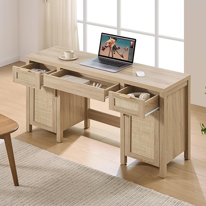 SICOTAS 2 Pieces Rattan Vanity Home Office Desk - Big Boho Makeup Vanities Benches with Drawers & Storage Cabinets, Dressing Vanity Table for Makeup Room, Bedroom, Home Office, Light Oak