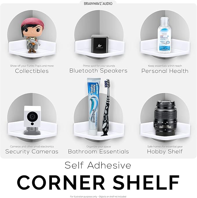 Mini Corner Shelf Mount for Security Cameras, Baby Monitors, Speakers, Plants & More, Universal Holder, Strong Adheasive, Easy to Install, No Mess, Screwless by Brainwavz (White)