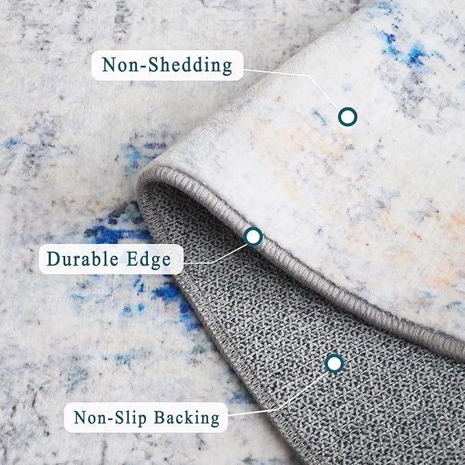 vivorug 9x12 Area Rugs for Living Room, Non Slip Machine Washable Modern Abstract Rug, Ultra-Thin Lightweight Large Area Rug for Bedroom, Dining Room, Low Pile, Blue Ivory Yellow