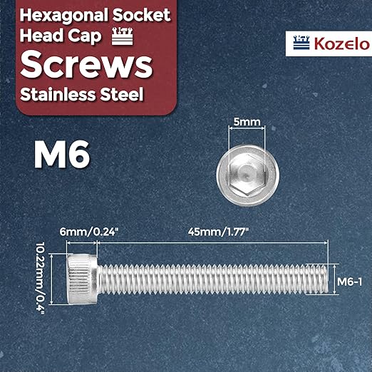 Kozelo 25pcs Socket Head Cap Screws - [M6-1 x 45mm] 304 Stainless Steel Allen Socket Drive for Electrical Motor 3D Printing Fan Engine Replacement Use, Silver