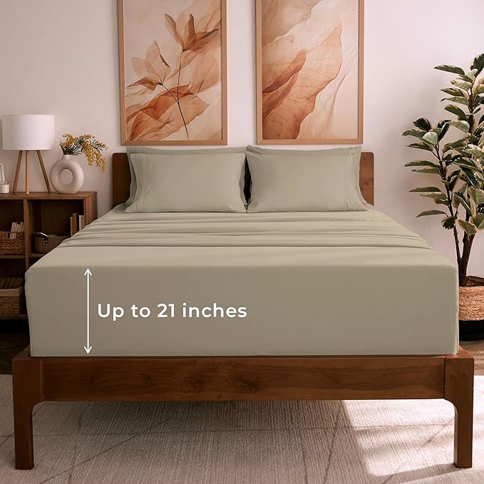 Mellanni California King Sheet Set - 6-Piece Iconic Collection Bedding, (Including 4 Pillowcases), 21-Inch Extra Deep Pocket, Easy Care, Ultra Soft, Cooling Sheets, Brushed Microfiber - New Beige