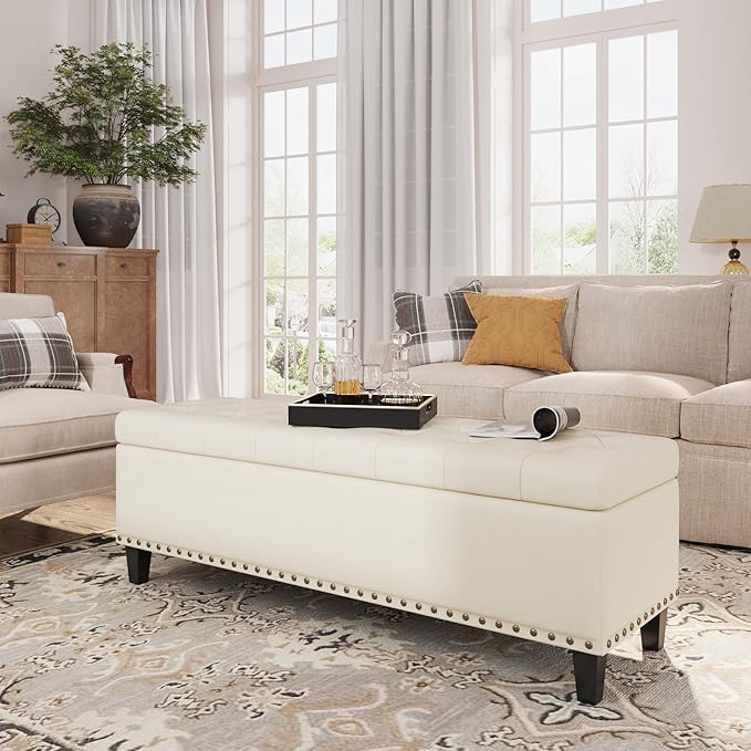 Storage Ottoman Bench,51-Inch Large Storage Bench for Bedroom End of Bed, 30 Gallons Faux Leather Ottoman with Storage for Bedroom, Living Room, Entryway, Cream White