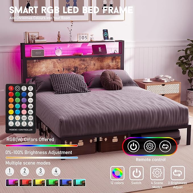 Full Size Bed Frame with 2-Tier Storage Headboard with Charging Station and 12 Color LED Lights,2 Tier Solid Wood Headboard Storage,Noise Free, No Box Spring Needed,Remote Control/Vintage Brown