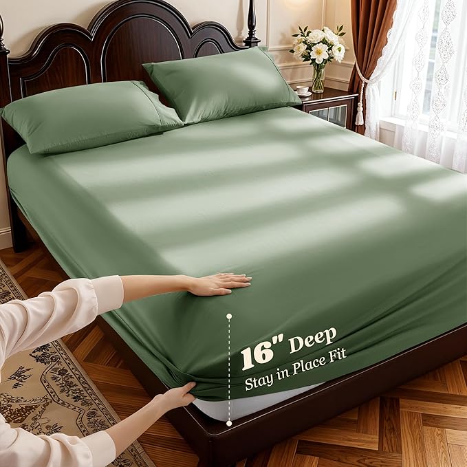LBRO2M 1000 Thread Count 100% Egyptian Cotton Sheets Set King Size, 4 Piece Sets Bed Sheet Deep Pocket Sheet Set 16" Soft Comfortable All Season (King, Olive Green)