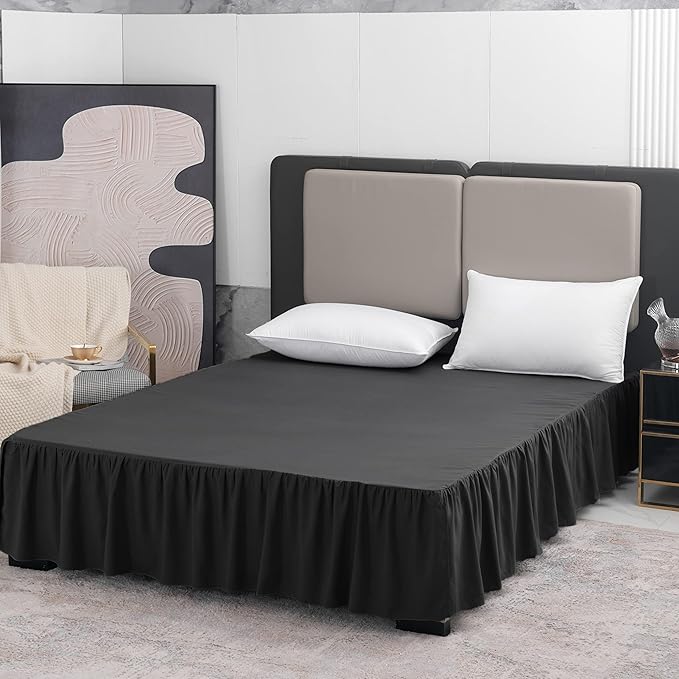 Black Bed Skirt Queen Size Ruffled Bed Skirt with Split Corners, Queen Bed Skirt 16 Inch Drop, TSUTOMI Queen Size Bed Skirt Black for Ruffled Bed Skirt with Split Corners, Bed Skirt Queen Size