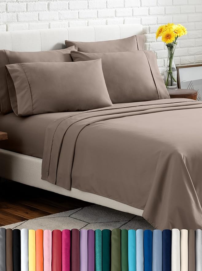 Bare Home Hotel Luxury Queen Sheet Set, Extra Soft - 6 Piece Set - Deep Pockets - Easy Fit - Cooling & Breathable - Wrinkle, Fade, Stain Resistant - Includes 4 Pillowcases (Queen, Taupe)