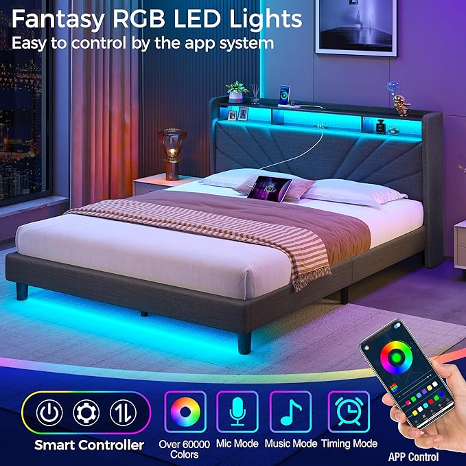 Rolanstar Queen Size Bed Frame, Storage Headboard with Charging Station and LED Lights, Upholstered Bed with Heavy Duty Wood Slats, No Box Spring Needed, Noise Free, Easy Assembly, Dark Grey