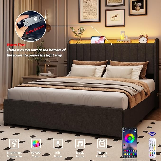 Queen Bed Frame with 4 Drawers and Storage Headboard, Upholstered Platform Bed Frame Queen Size with Led Lights and Handy Charging Station, No Box Spring Needed, Easy Assembly, Noise Free, Gray