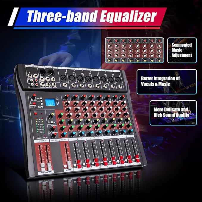 8 Channel Audio Mixer, Professional Audio Mixer with Bluetooth, 48V Phantom Power for Studio Recording, Karaoke and Live Performances