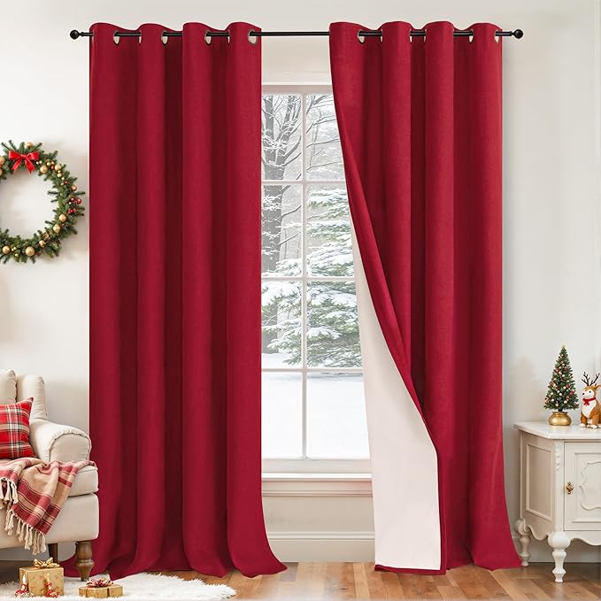 Red 100% Linen Blackout Curtains for Winter Christmas Decor 95 Inch Long 52 Wide, Extra Long Thermal Insulated Light Blocking Linen Curtains, Window Drape Each 52x95 Inch 2 Panels