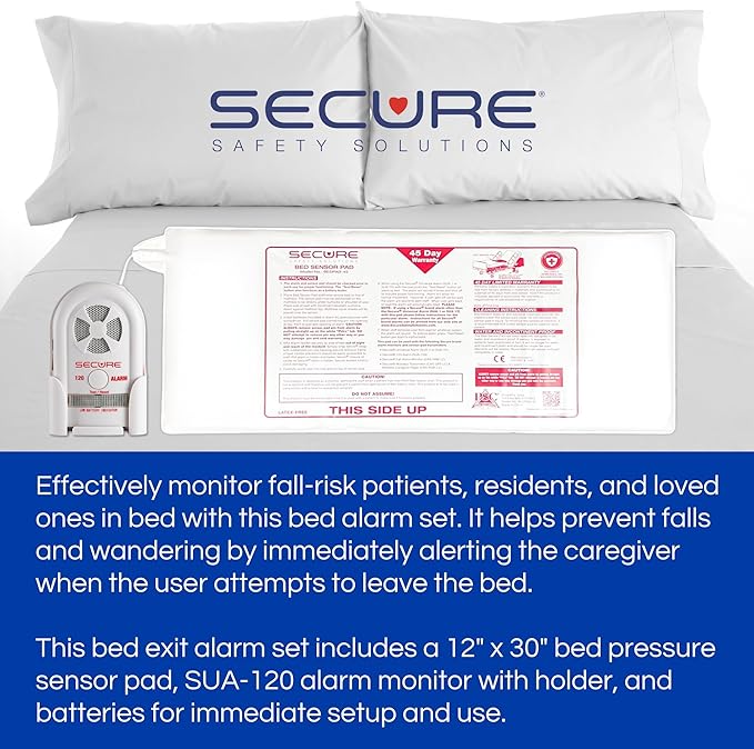 Secure Bed Exit Alarm for Elderly Adults Fall Prevention - 80-120 dB Monitor,12x30 Weight Sensing Pressure Pad - Caregiver Alert System for Seniors, Dementia Patients to Know When They Get Up