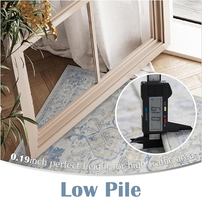 jinchan Hallway Runner Rug 2x10 Machine Washable - Vintage Floral Non-Slip Low-Pile Soft Ultra-Thin Faux Wool Kitchen Rug Distressed Carpet Runner for Farmhouse Bedroom Laundry Room (2x10ft, Blue)