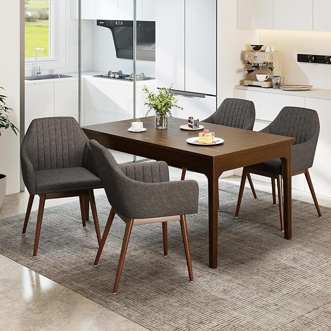 Giantex Upholstered Dining Chairs Set of 4, Mid Century Kitchen Chairs with Solid Wood Legs, Wrap-Around Backrest, Modern Accent Armchair for Living Room, Dining Room, Bedroom, Light Grey