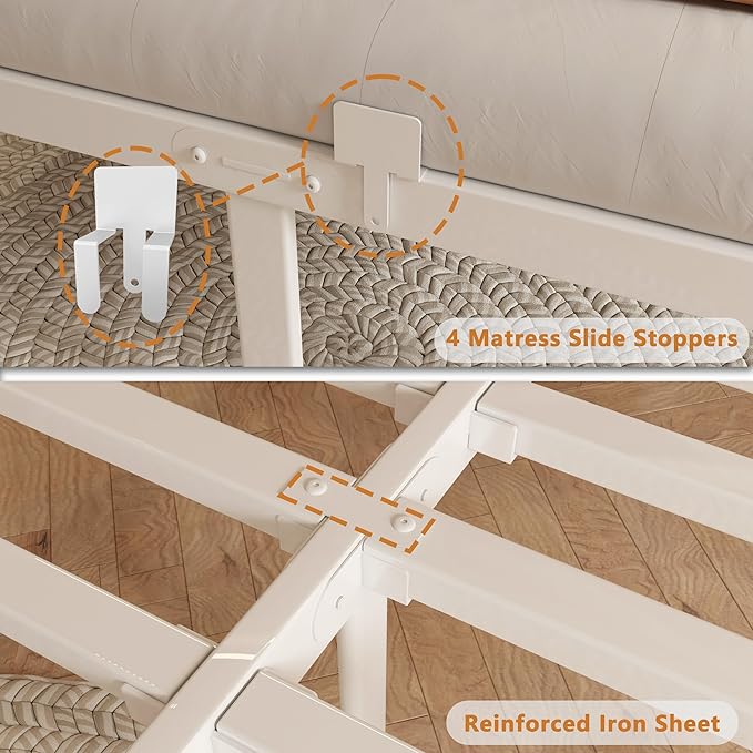 14 Inch White Queen Bed Frame with Metal Gaskets, Anti-Slip Mattress Stopper, No Box Spring Needed, Heavy Duty Steel Slat Support, DIY Headboard, Round Corner Leg, Easy Assembly
