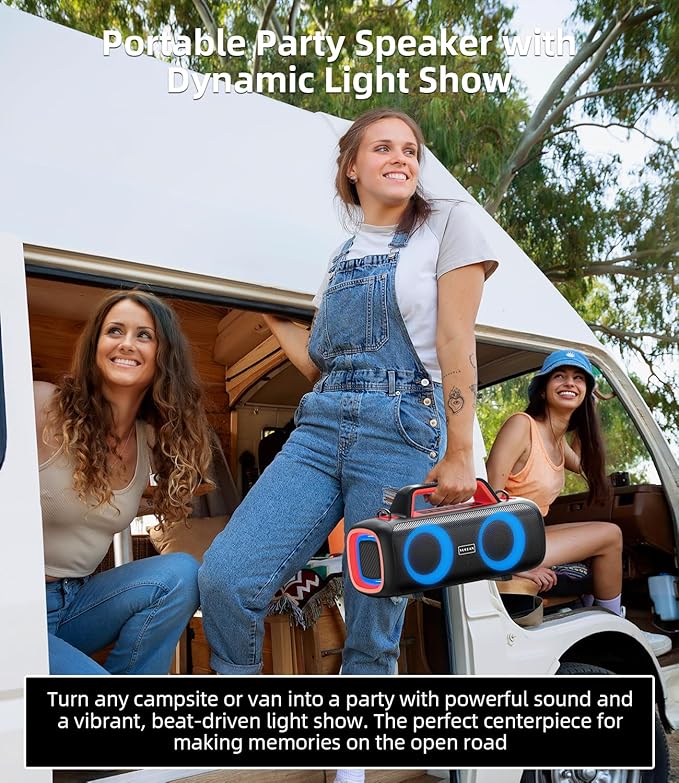 Portable Bluetooth Speaker Wireless,140W Peak Loud Sound with 2 Subwoofers and 2 Tweeters, Plus Bass Boost, IP65 Waterproof Outdoor Speaker, 24H Playtime, RGB Lights, TF/AUX/USB/Mic Input, Large Party