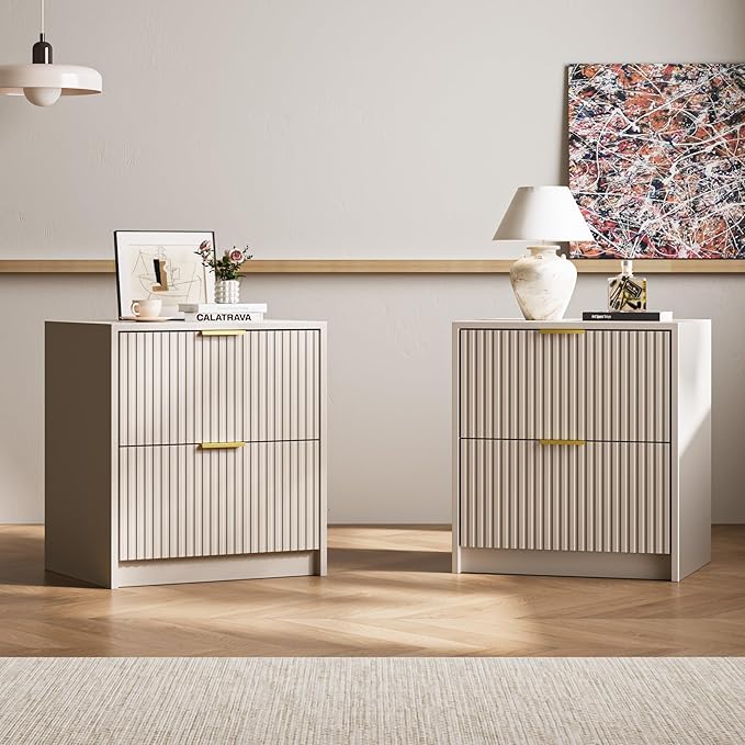 3-Piece Dresser Bedroom Set, 7 Drawer Dresser & 2 Drawer Nightstands with Gold Handles, Fluted Wood Chest of Drawers for Bedroom, Living Room, Entryway, Beige