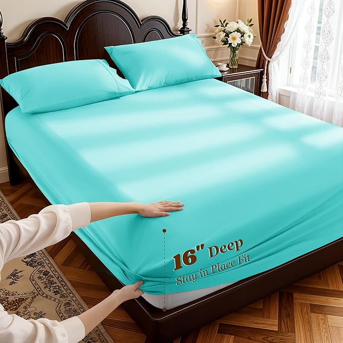 LBRO2M 1000 Thread Count 100% Cotton Sheets Set,Queen Size Bed Sheet 4 Piece Sets,Long Staple,16 Inches Deep Pocket,All Season,Bedding Super Soft Comforterble Breathable,Sateen(Lake Green)