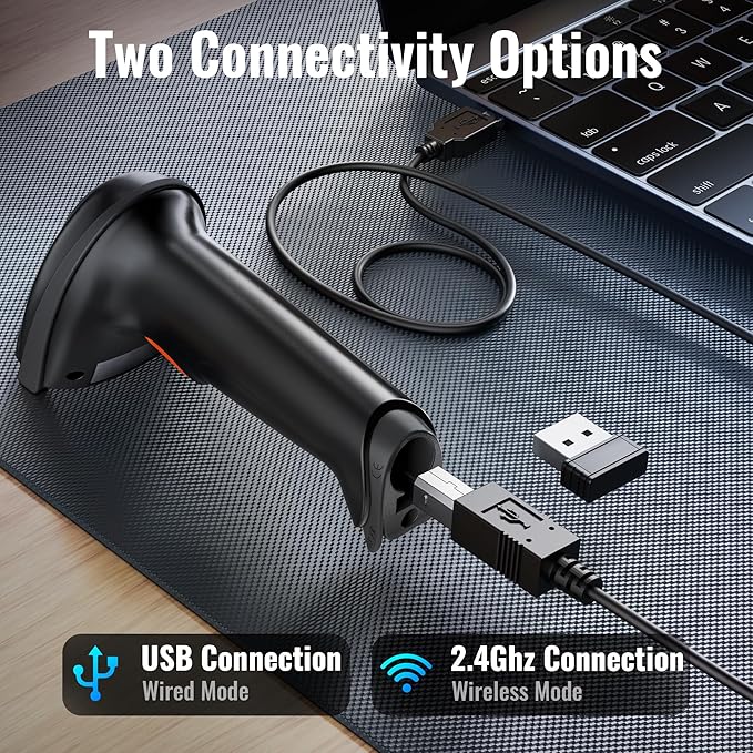 Tera Barcode Scanner Wireless Versatile 2-in-1 (2.4Ghz Wireless+USB 2.0 Wired) with Battery Level Indicator, 328 Feet Transmission Distance Rechargeable 1D Laser Bar Code Reader USB Handheld (Black)