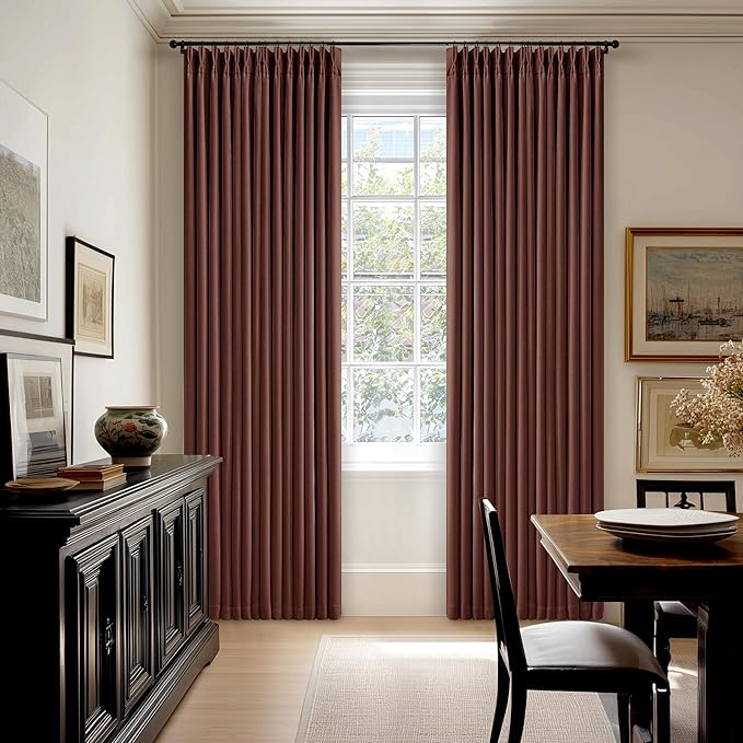 Chestnut Brown Pleated Linen Blackout Curtains 84 Inches Long for Bedroom Living Room Pinch Pleat Black Out Thermal Insulated Ring Hooks Back Tab Room Darkening Drapes Maroon Curtains with Liner
