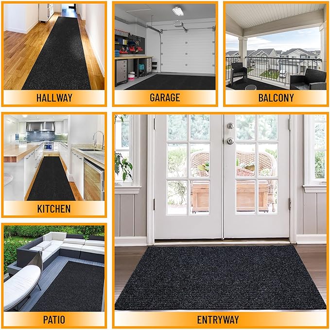 Ottomanson 2'7" x 32' Hallway Runner with Scraper Pile - Extra Durable Non-Slip Rug Mat for Indoor & Outdoor Use - Ideal for Kitchen, Entryway & Garage - High-Traffic Carpet, Black