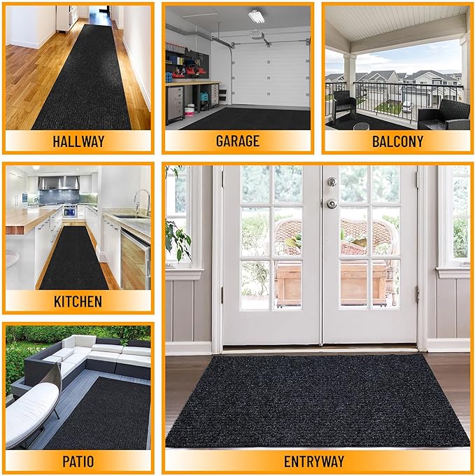 Ottomanson 2' x 20' Hallway Runner with Scraper Pile Extra Durable Non-Slip Rug Mat for Indoor & Outdoor Use - Ideal for Kitchen, Entryway, Patio & Garage - High-Traffic Carpet, Black