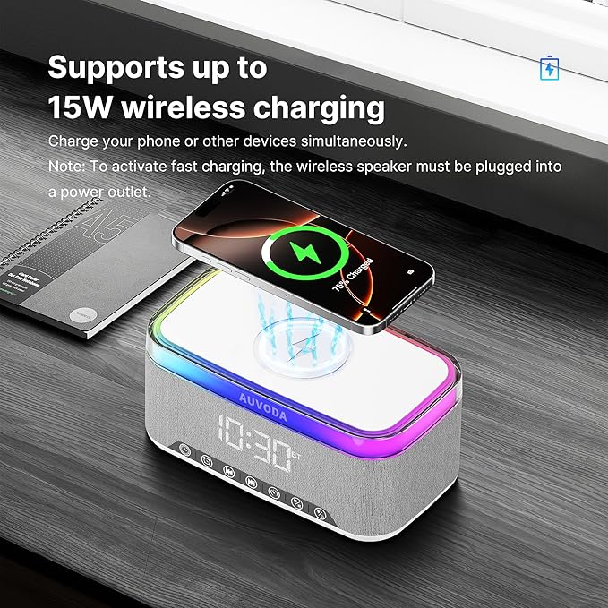 AUVODA S300 Portable Bluetooth Speaker with 15W Fast Wireless Charging, 13-Color Dimmable Night Light, White Noise, Alarm, FM Radio, 16W Stereo, BT5.3, TWS, for Home, Office, Bedroom (White)