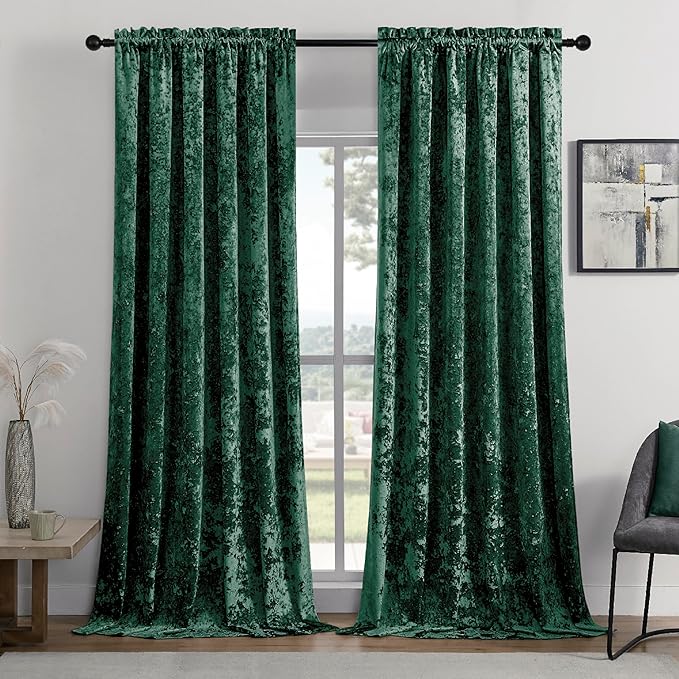 SMILETIME Forest Green Crushed Velvet Curtains 52x96inch Rod Pocket Luxurious Thermal Insulated Soundproof Drapes Soft and Durable Light-Filtering Window Treatments for Living Room Bedroom, 2 Panels