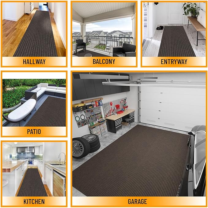 Ottomanson 2'7" x 52' Hallway Runner with Scraper Pile - Extra Durable Non-Slip Rug Mat for Indoor & Outdoor Use - Ideal for Kitchen, Entryway & Garage - High-Traffic Carpet, Brown