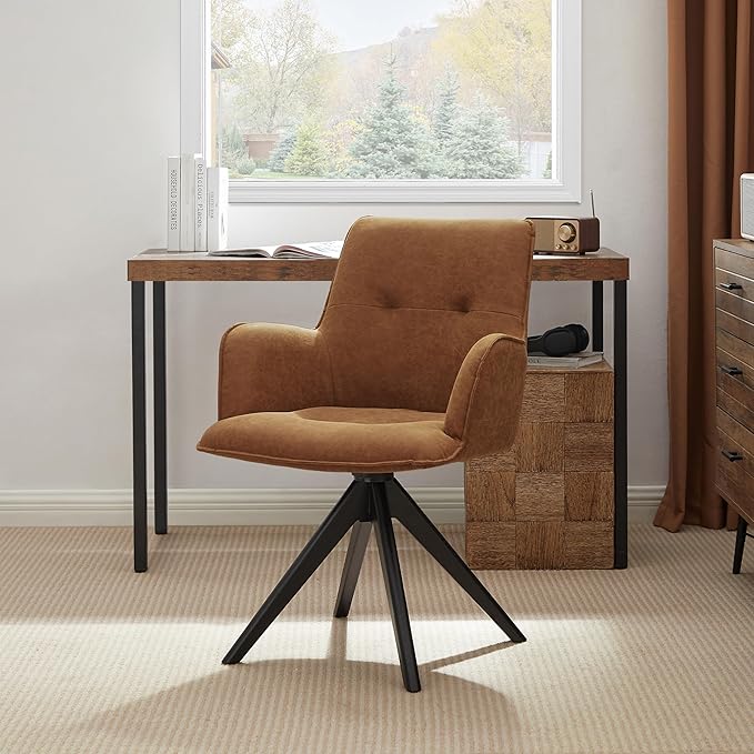Art Leon Home Office Desk Chair - Faux Leather Upholstered Accent Armchair, Mid Century Swivel Chair with Black Oak Wood Legs for Small Space Living Room Bedroom, Brown