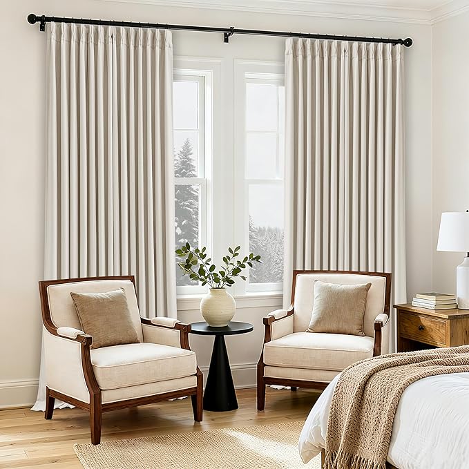 102 Inch Pinch Pleated Blackout Curtains for Bedroom 2 Panels Thick Linen Textured Memory Trained 100% Black Out Room Darkening Natural Cream Ivory Window Curtains Double Layer Pinch Pleat Drapes