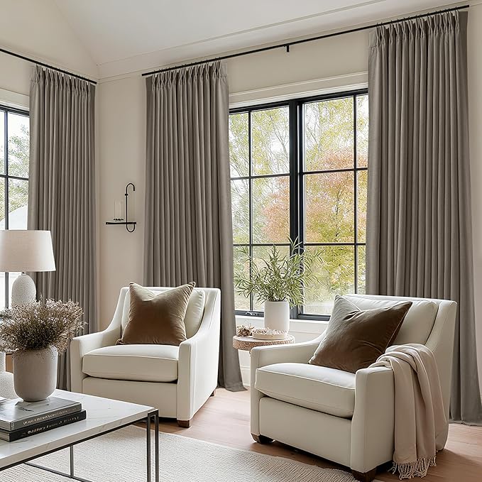 Dark Taupe 96 Inch Blackout Pinch Pleated Curtains 2 Panel Set for Living Room Darkening Thick Linen Textured 100% Black Out Drapes 96 Inches Long Pinch Pleat Light Blocking Bedroom Brownish Gray