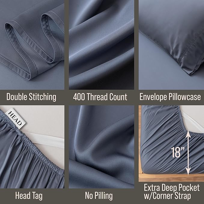 Bella Coterie 6 Piece Luxury Bamboo Viscose Split Top King Size Sheet Set | 34" Split for Adjustable Beds | 100% Organically Grown| Cooling | 18” Deep Pocket | 4 Pillowcases [Slate Blue]