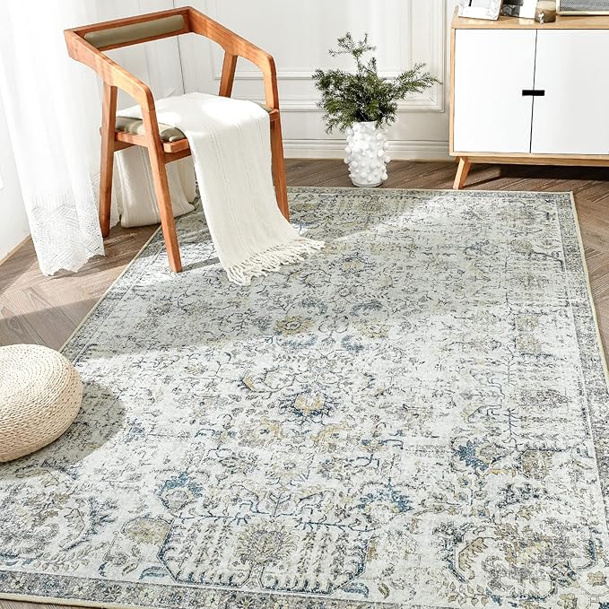 jinchan Kalen Area Rug 3x5 Washable Entryway Rug Vintage Door Mat Indoor Entrance Thin Retro Distressed Floral Doormat Country Boho Lightweight Non Slip Carpet for Bathroom Kitchen Bedroom Blue Multi