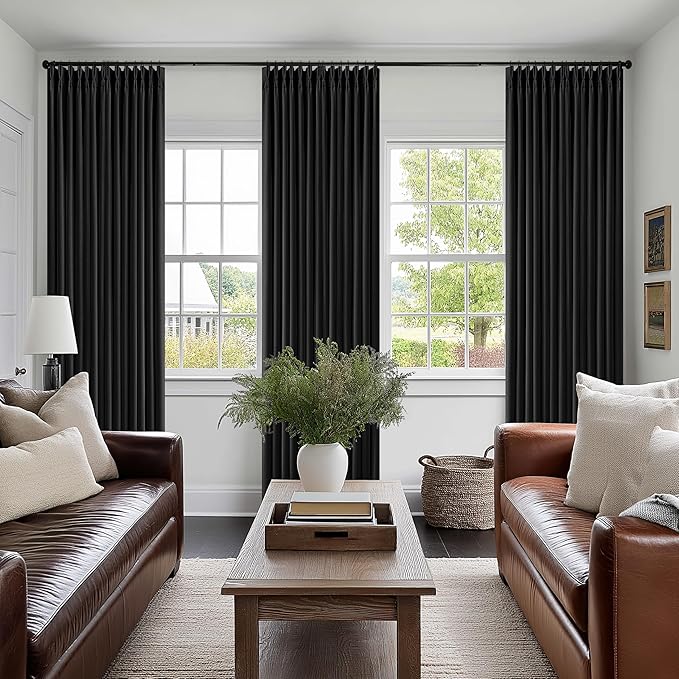 Black 80 Inch Pinch Pleated Black Out Curtains 2 Panel Set for Living Room Pinch Pleat Linen Drapes with Liner 80 Inches Long 100% Blackout Light Blocking Energy Saving Curtain for Dining Bedroom