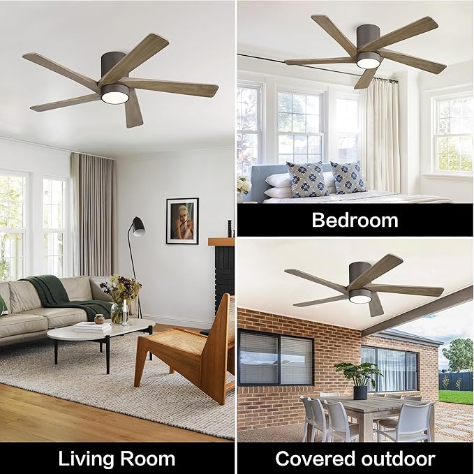 WINGBO 48 Inch Flush Mount DC Ceiling Fan with Lights and Remote, 5 Reversible Carved Wood Blades, 6-Speed Noiseless DC Motor, Hugger Ceiling Fan in Graphite Finish with Gray Blades, ETL Listed