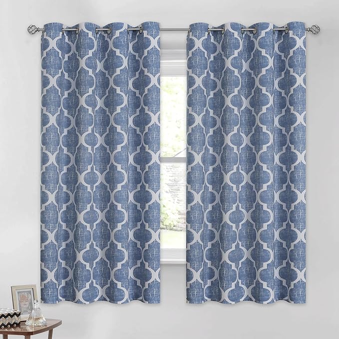 Beauoop 100% Blackout Curtains 45 Inches Long 2 Panels for Bedroom Living Room Blue Moroccan Geo Room Darkening Thermal Insulated Soundproof Grommet Top Window Treatments Drapes, 50x45 Set of 2