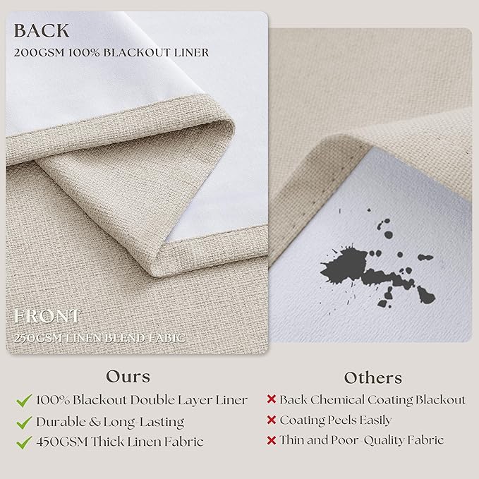 94 Inch Natural Blackout Linen Curtains 2 Panels Set for Bedroom Living Nursery Neutral Pinch Pleated 100% Black Out Thermal Insulated Cream Ivory Curtain for Energy Efficient Pinch Pleat Drape 40x94