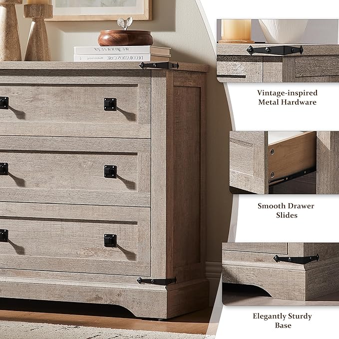 T4TREAM 32" Farmhouse Nightstand with Charging Station Set of 2, Large End Table with 3 Storage Drawers, Rustic Wood Bedside Table for Bedroom, Living Room, Light Rustic Oak
