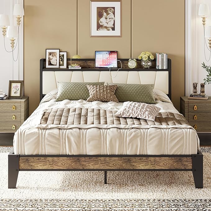 LIKIMIO Queen Bed Frame, Storage Headboard with Charging Station, Solid and Stable, Noise Free, No Box Spring Needed, Easy Assembly (Walnut and Beige)