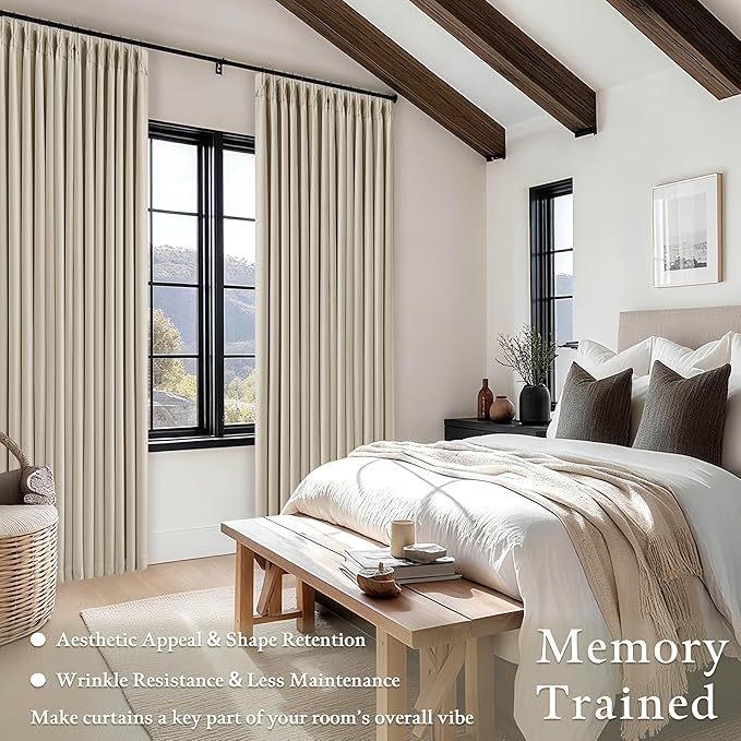 Memory Trained Pinch Pleated 100% Blackout Linen 86 Inch Curtains for Bedroom Room Darkening Light Blocking Beige Tan Window Curtain 80 Inches Long Living Room Black Out Pleat Drapes Dual Layer
