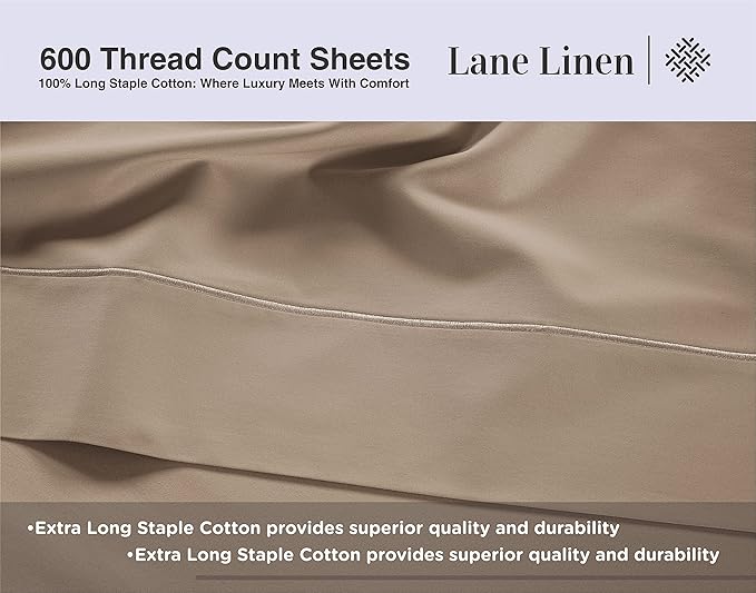 LANE LINEN 600 Thread Count 100% Mercerized Cotton Full Size Sheets Set, Sateen Weave for Soft & Comfy Sleep, 15 inch Deep Pocket Machine wash Bed Sheets, Luzury Hotel Style Full Size Set- Taupe